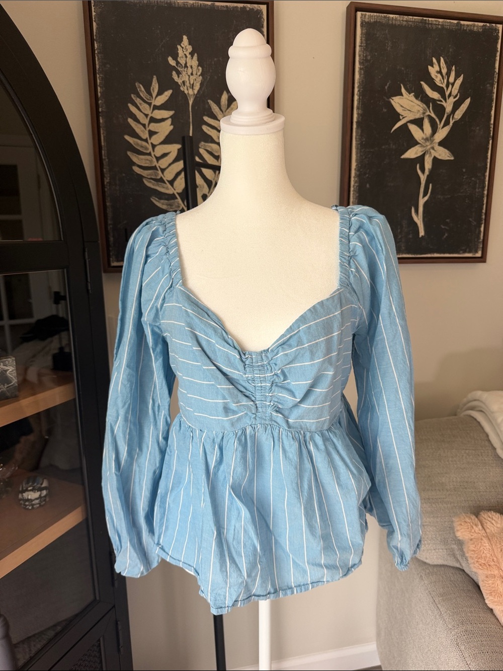 Old Navy Light Blue & White Striped Long-Sleeve Ruched Peplum Top